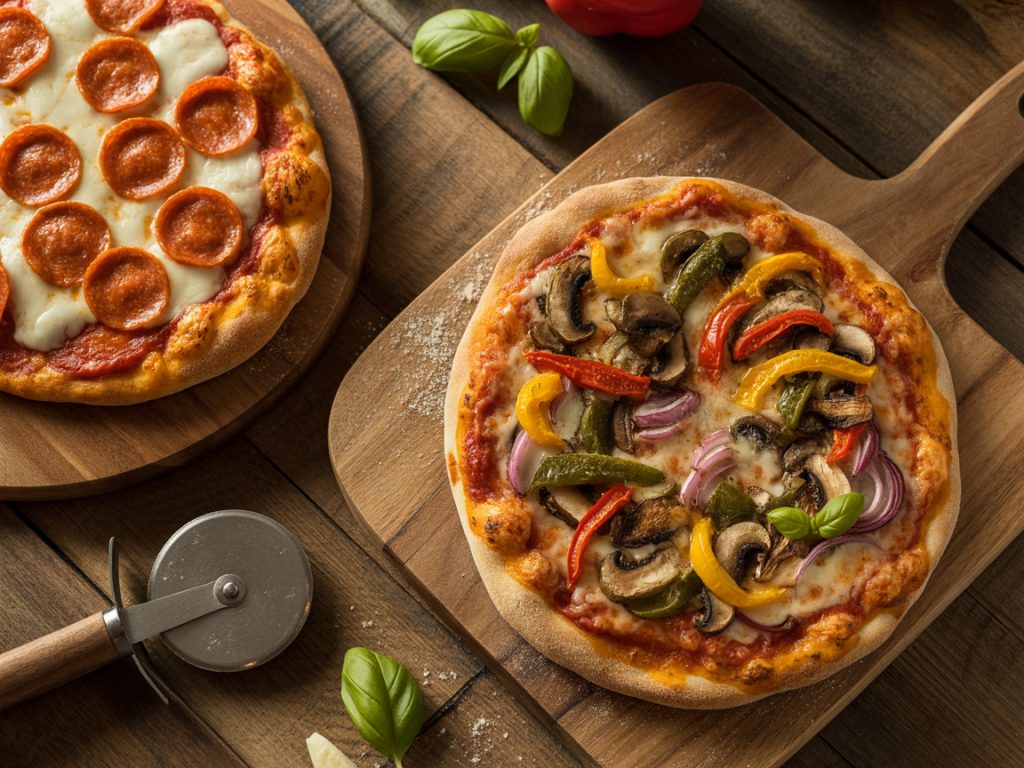 Two individual homemade pizzas with different toppings on wooden pizza boards