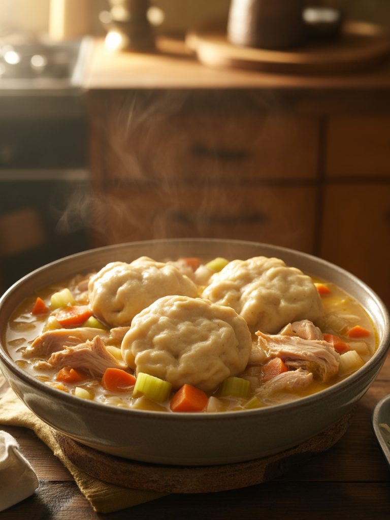 Bowl of chicken and dumplings with fluffy dumplings in creamy broth
