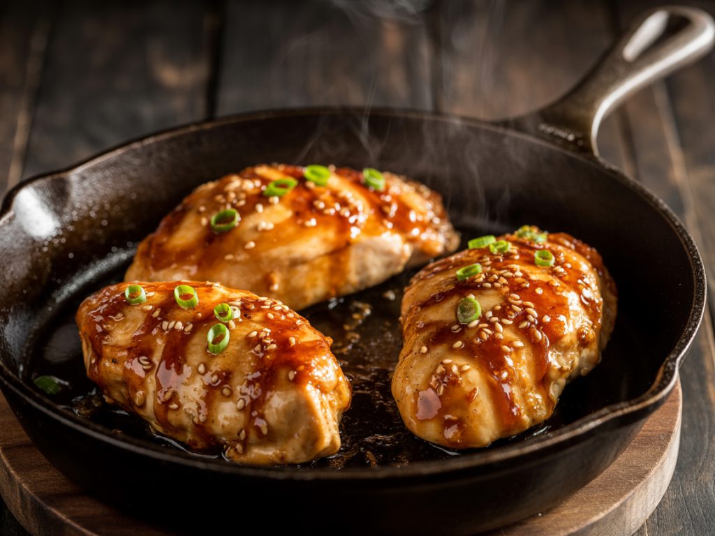 Golden honey garlic glazed chicken breasts in cast iron skillet with sesame seeds