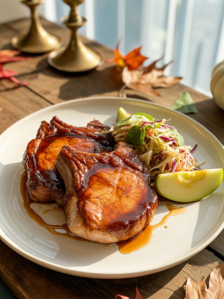 Caramelized honey garlic pork chops with crispy apple slaw on the side