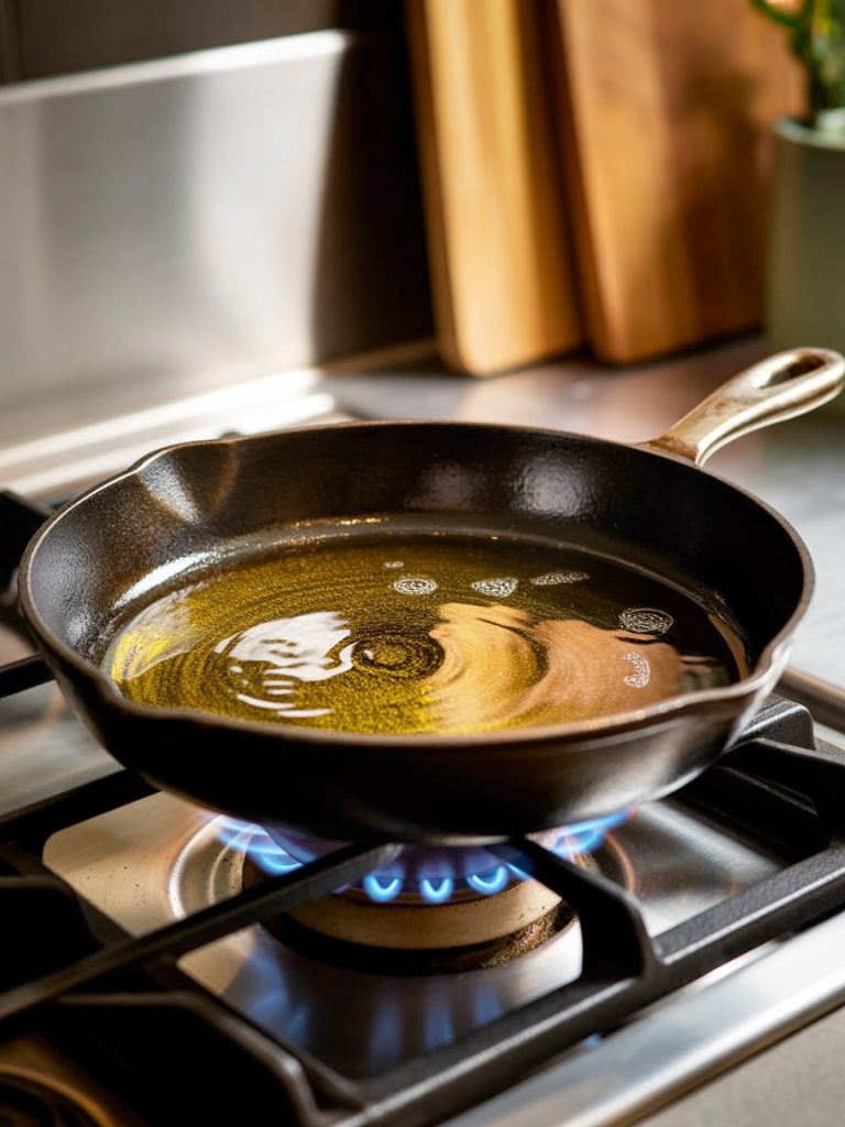 Stainless steel skillet with shimmering hot olive oil on stovetop ready for cooking salmon