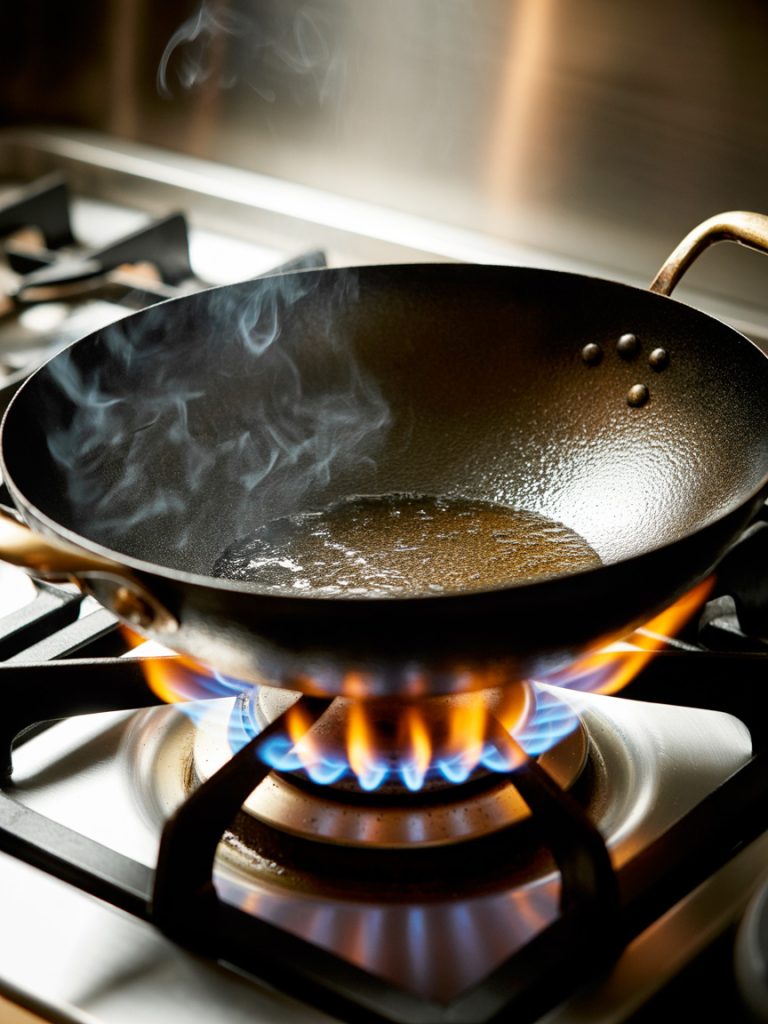 Hot wok on gas stove with flames underneath ready for high-heat fried rice cooking