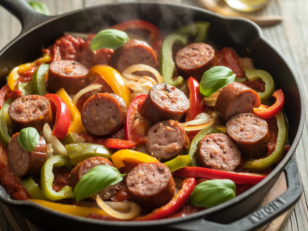 Sliced Italian sausage with colorful bell peppers and onions in marinara sauce