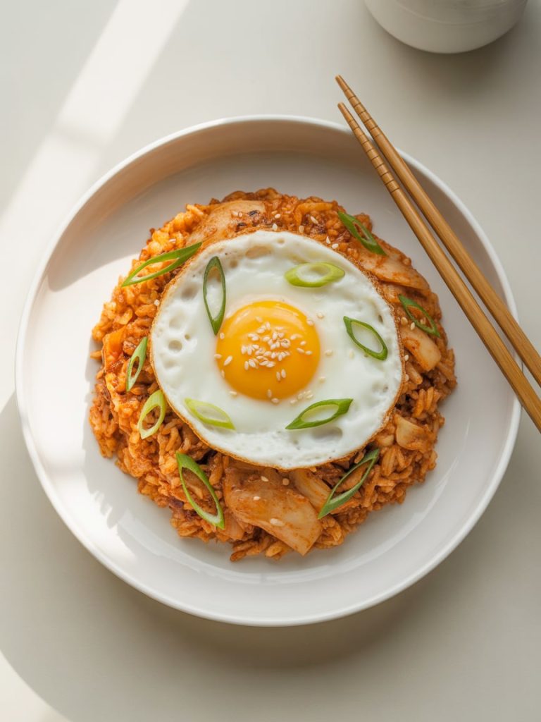 Bowl of reddish kimchi fried rice topped with sunny-side-up egg, green onions and sesame seeds