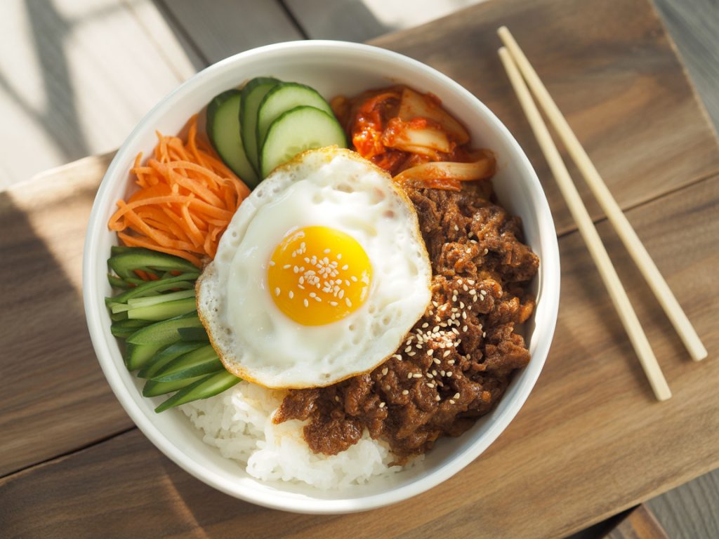 Korean ground beef rice bowl topped with sunny-side-up egg, kimchi, cucumbers and carrots in white bowl