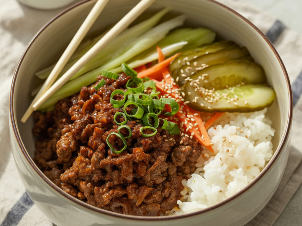Korean-inspired ground beef bowl with white rice, pickled cucumbers, and sesame seeds