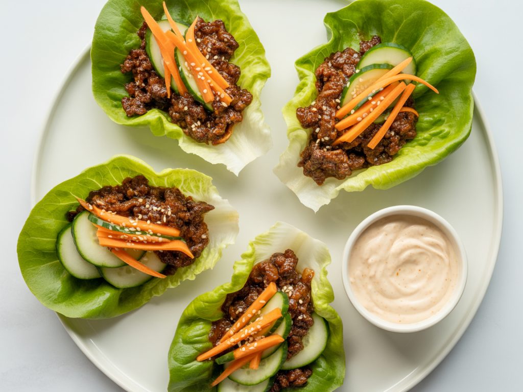 Korean ground beef served in crisp butter lettuce cups with carrots, cucumbers and sesame seeds on white plate