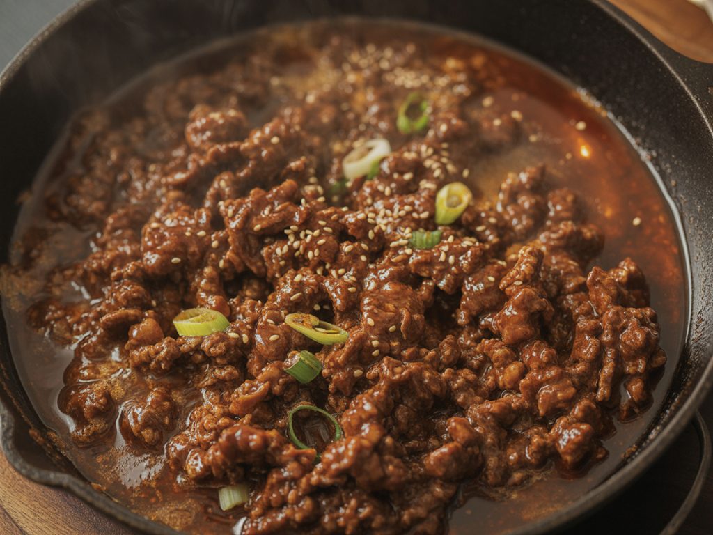 Ground beef coated in thick glossy brown Korean sauce with sesame seeds simmering in skillet