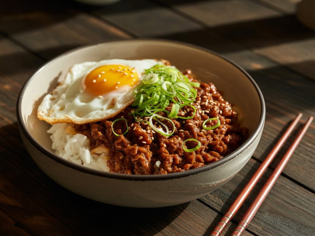 Korean beef bowl with seasoned ground beef over rice topped with sesame seeds and green onions