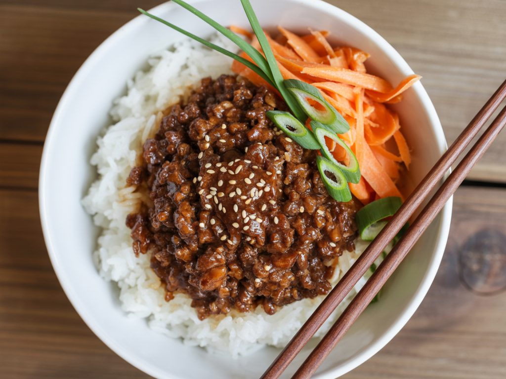 Overhead view of Korean ground beef rice bowl with glazed meat, white rice, sesame seeds and green onion garnish in white bowl