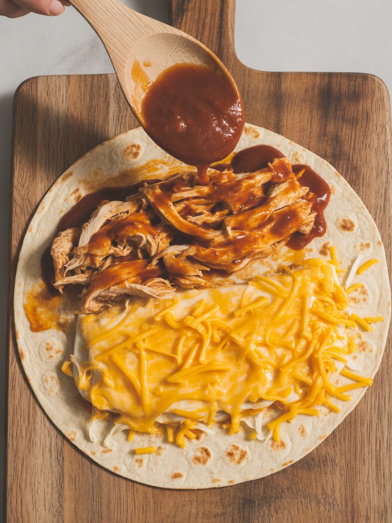 Tortilla being assembled with shredded cheese and BBQ chicken mixture layered on half for quesadilla
