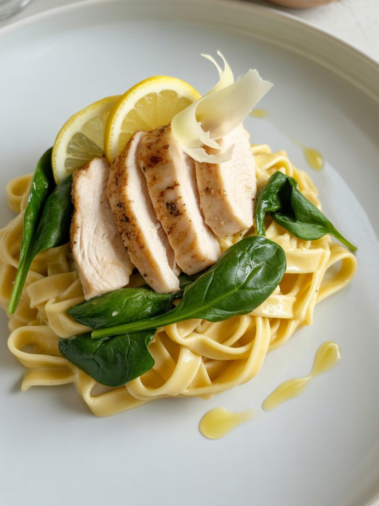 Lemon garlic chicken pasta with sliced chicken, spinach, and parmesan on white plate