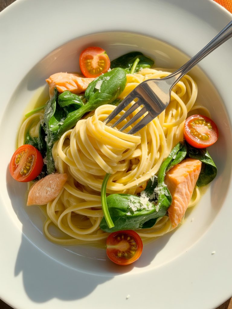 Linguine pasta with flaked salmon, cherry tomatoes, spinach and lemon garlic butter sauce in bowl