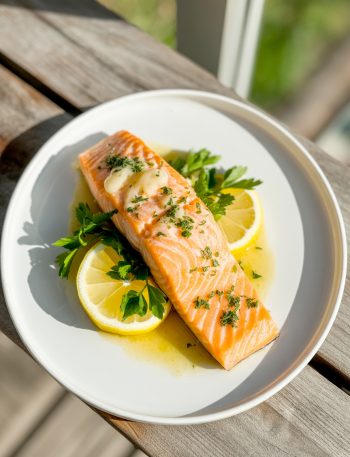 Golden pan-seared salmon fillet with crispy skin topped with lemon garlic butter sauce and fresh herbs on white plate