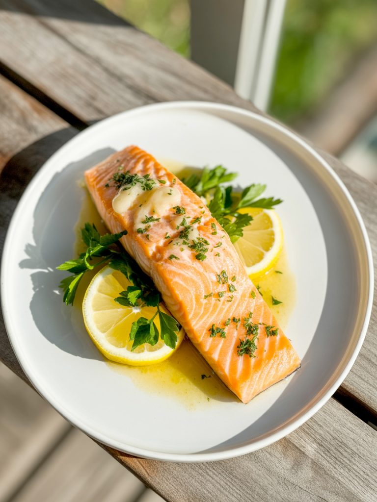Golden pan-seared salmon fillet with crispy skin topped with lemon garlic butter sauce and fresh herbs on white plate