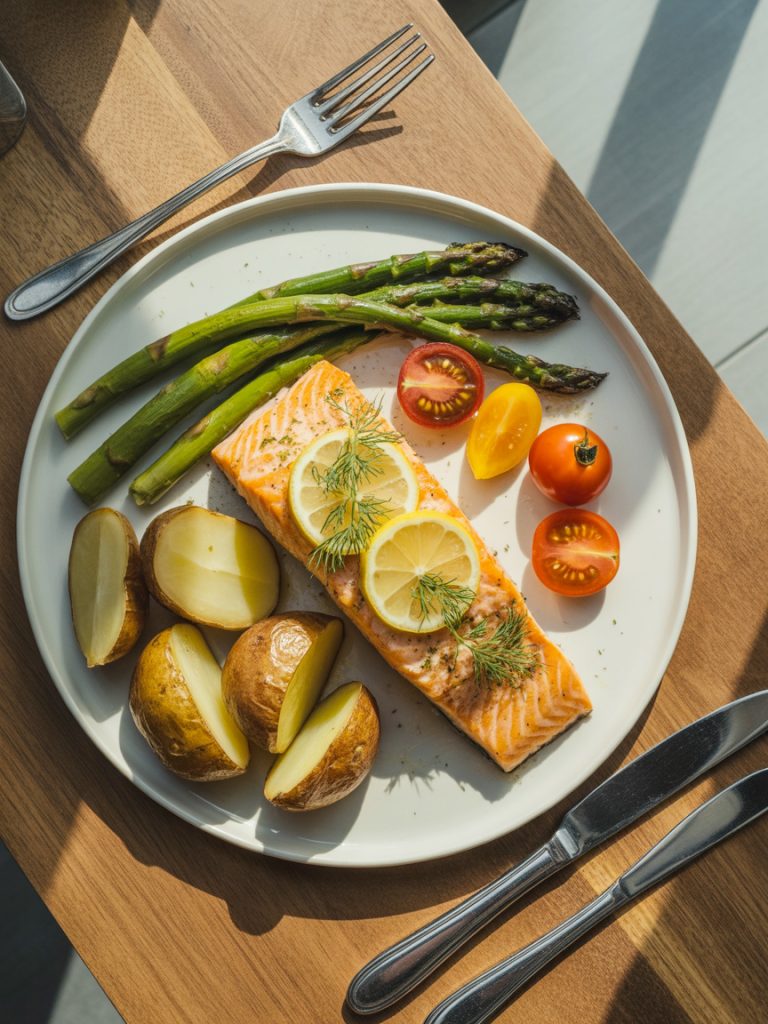 White plate with lemon garlic salmon, roasted asparagus, baby potatoes and cherry tomatoes dinner