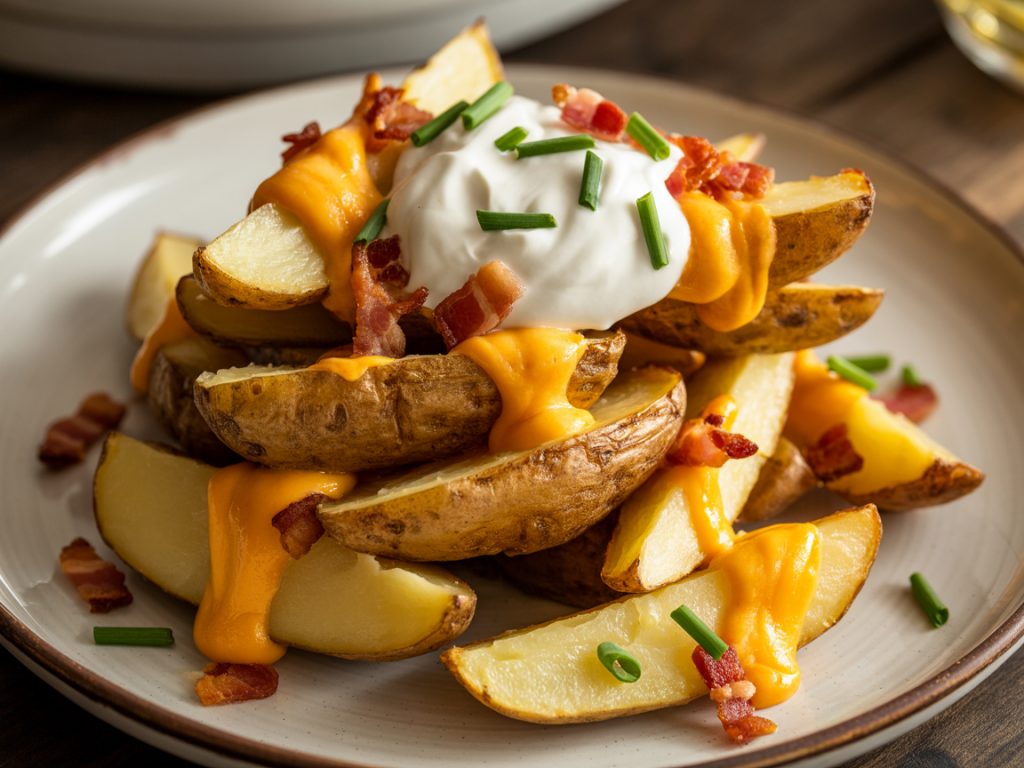 Crispy air fryer potato wedges loaded with melted cheese, bacon, sour cream, and chives