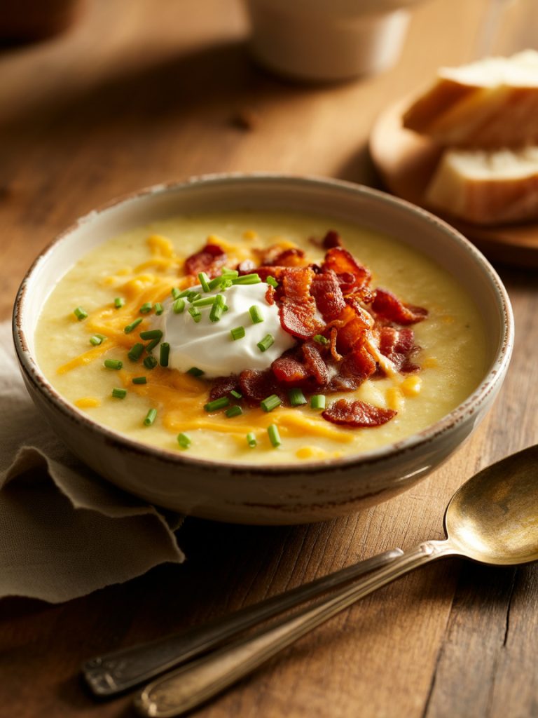 Creamy potato soup topped with bacon, cheese, sour cream and chives