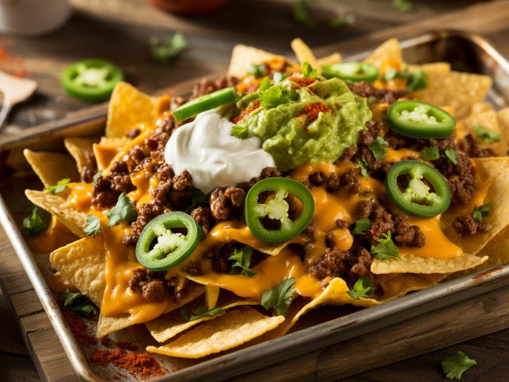 Loaded beef nachos with ground beef, melted cheese, jalapeños and toppings