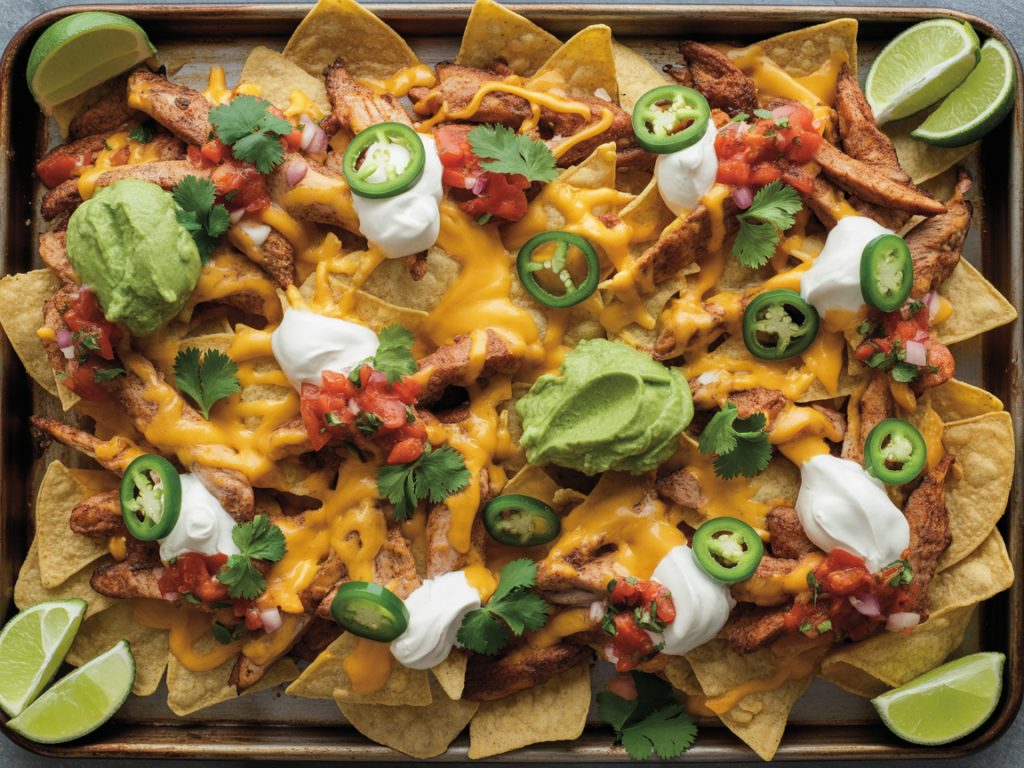 Sheet pan loaded with chicken fajita nachos topped with melted cheese, jalapeños, sour cream and guacamole