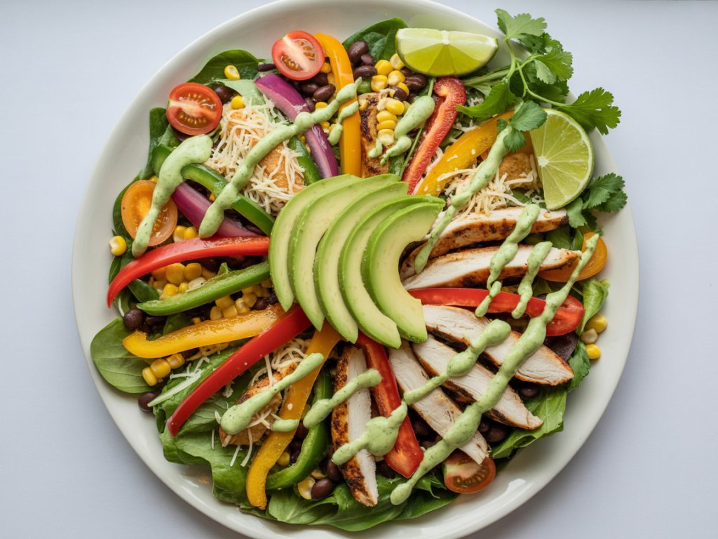 Fresh fajita salad with grilled chicken, roasted peppers, avocado, beans and corn on bed of mixed greens