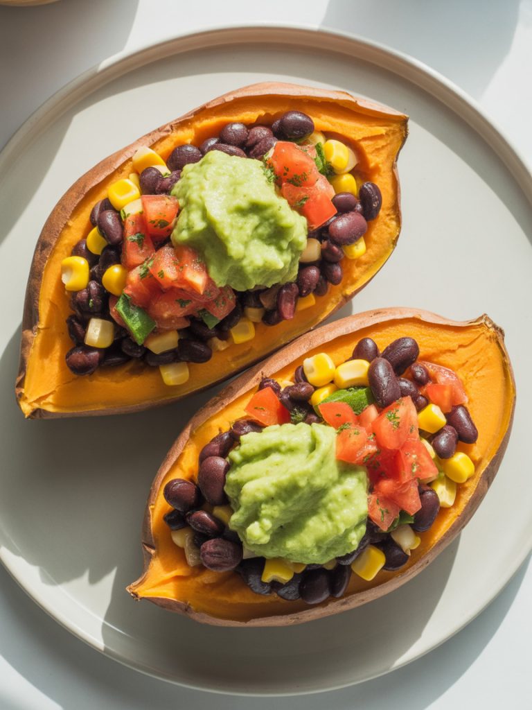 Vegan loaded sweet potato boats filled with black beans, corn, and fresh toppings
