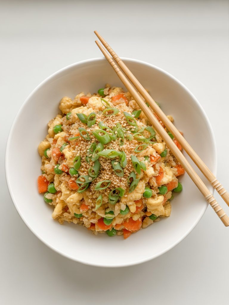 Bowl of cauliflower fried rice with eggs, mixed vegetables, and sesame seeds garnish
