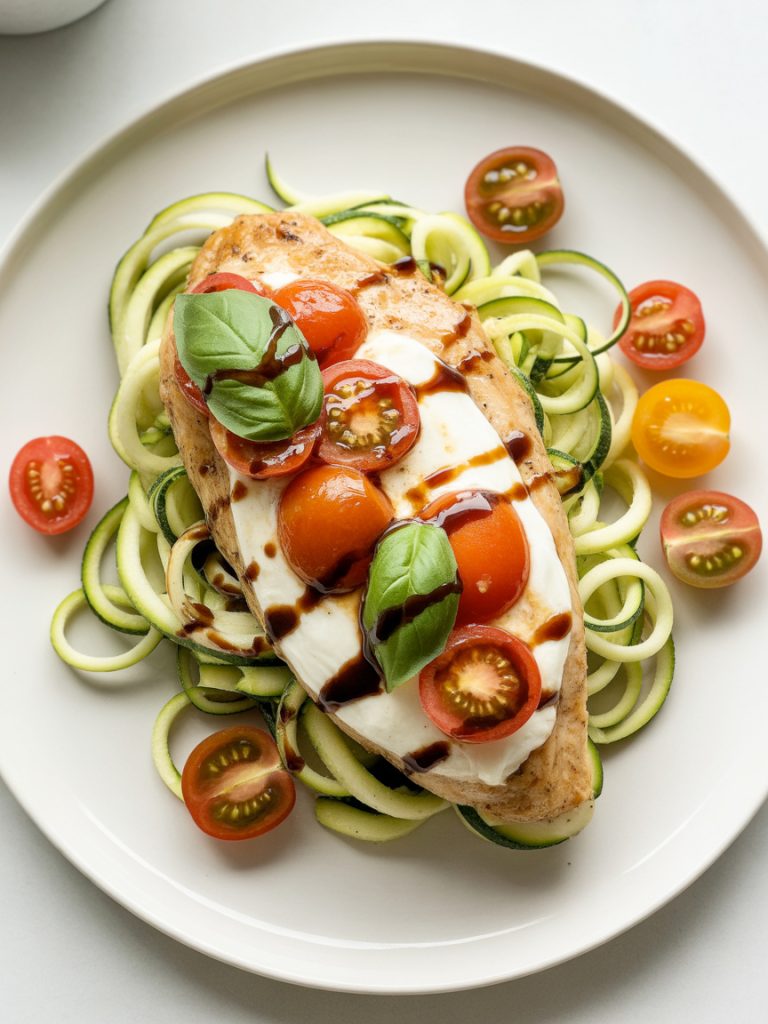 Caprese chicken with melted cheese and tomatoes served over spiralized zucchini noodles on white plate