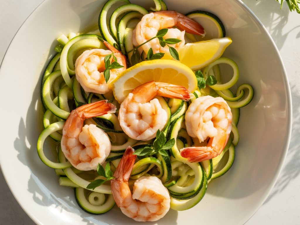 Garlic butter shrimp served over spiralized zucchini noodles as low-carb alternative in white bowl