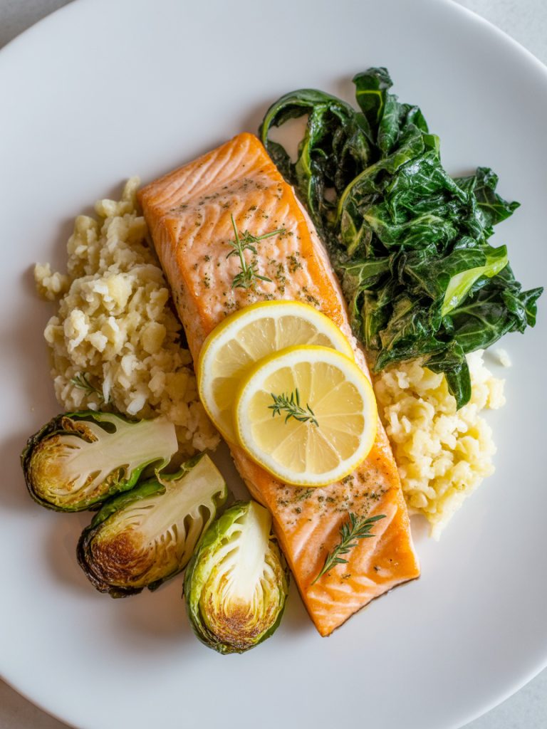 Keto-friendly plate with lemon garlic salmon, cauliflower rice, spinach and Brussels sprouts