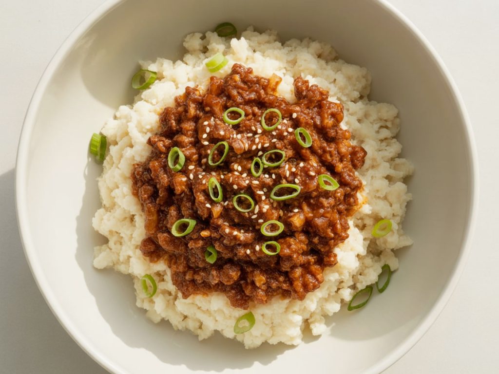Korean ground beef served over cauliflower rice as low-carb alternative garnished with sesame seeds in white bowl