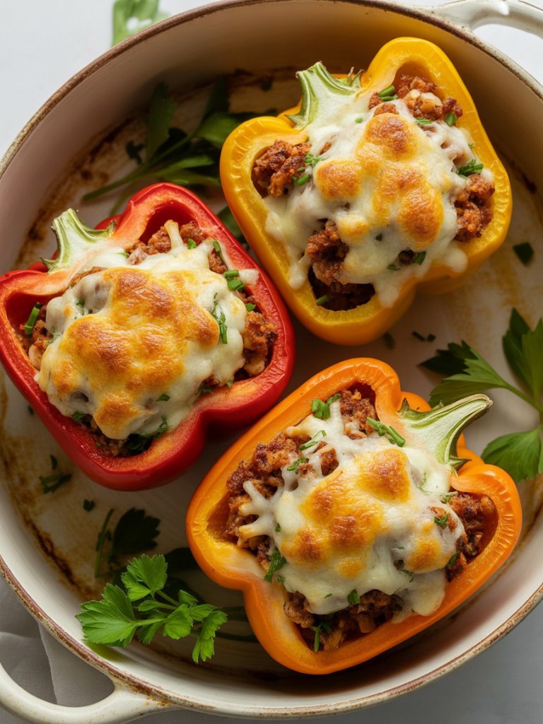 Colorful bell peppers stuffed with ground turkey and cauliflower rice in a baking dish
