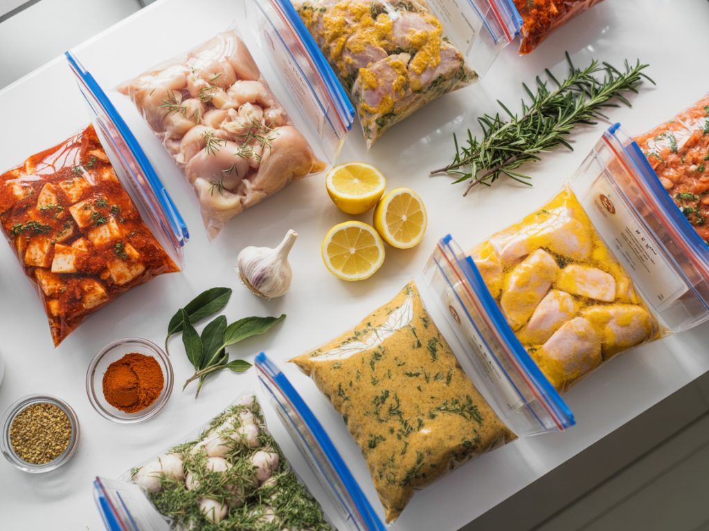 Organized freezer bags with marinated chicken for easy meal prep