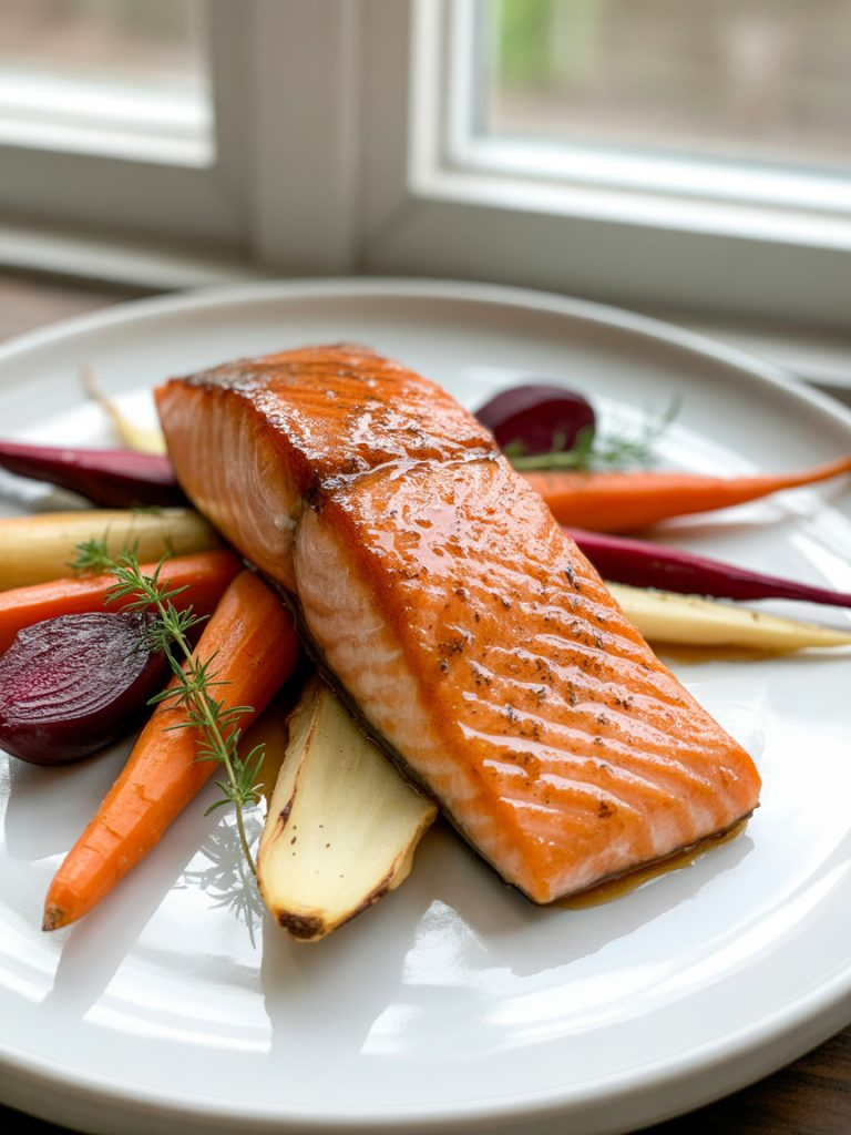 Baked salmon fillet with maple glaze alongside roasted carrots, parsnips and beets