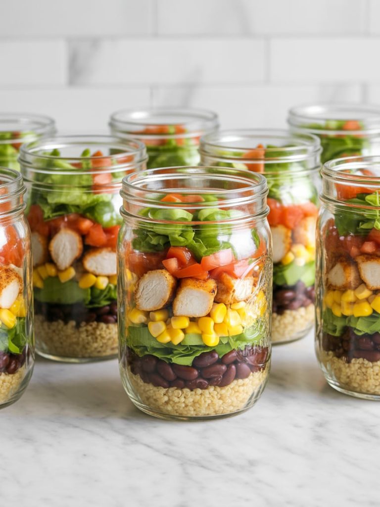 Glass mason jars filled with layered burrito bowl ingredients for healthy meal prep