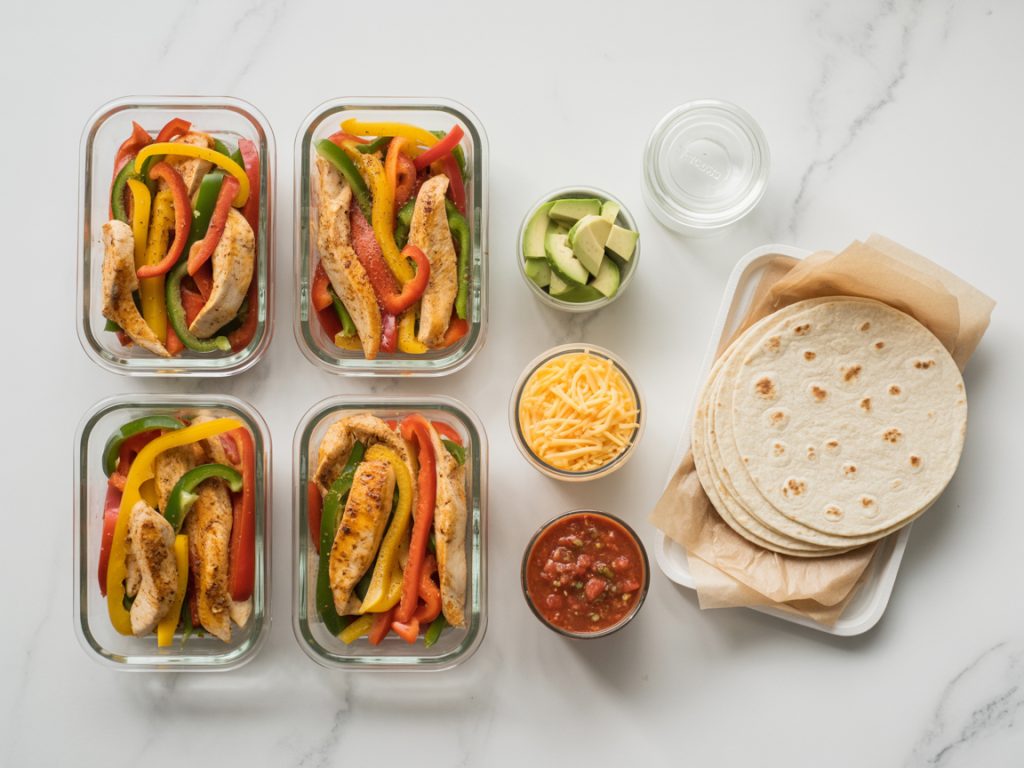 Four glass meal prep containers filled with portioned chicken fajitas for the week ahead