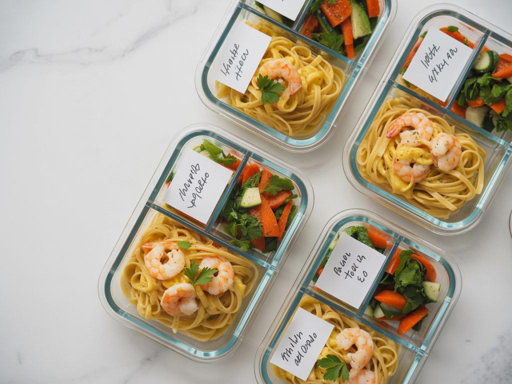 Four glass meal prep containers filled with portioned garlic butter shrimp pasta for weekly lunches