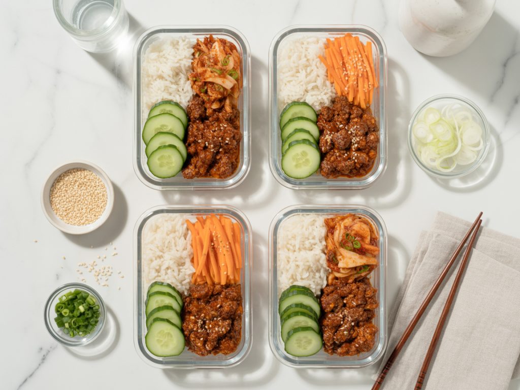 Four glass meal prep containers filled with Korean beef, rice and fresh vegetables for weekly lunches
