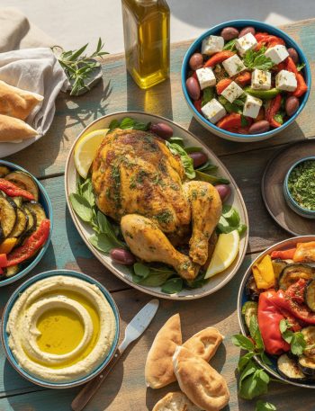 Colorful Mediterranean dinner table with grilled chicken, fresh vegetables, olive oil, feta cheese, and herbs on rustic wooden table