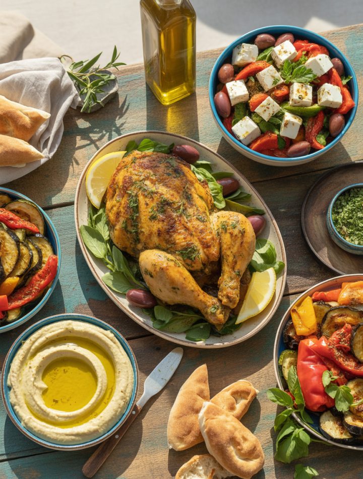 Colorful Mediterranean dinner table with grilled chicken, fresh vegetables, olive oil, feta cheese, and herbs on rustic wooden table