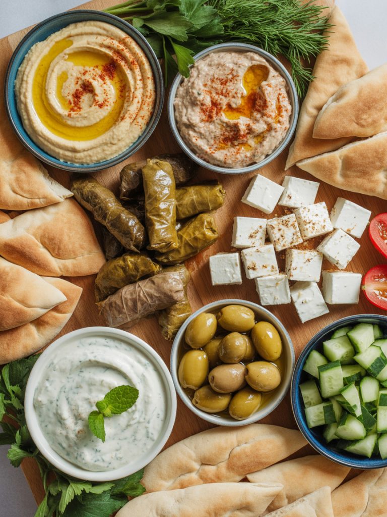 Assorted Mediterranean mezze platter with hummus, baba ganoush, olives, feta, and warm pita bread