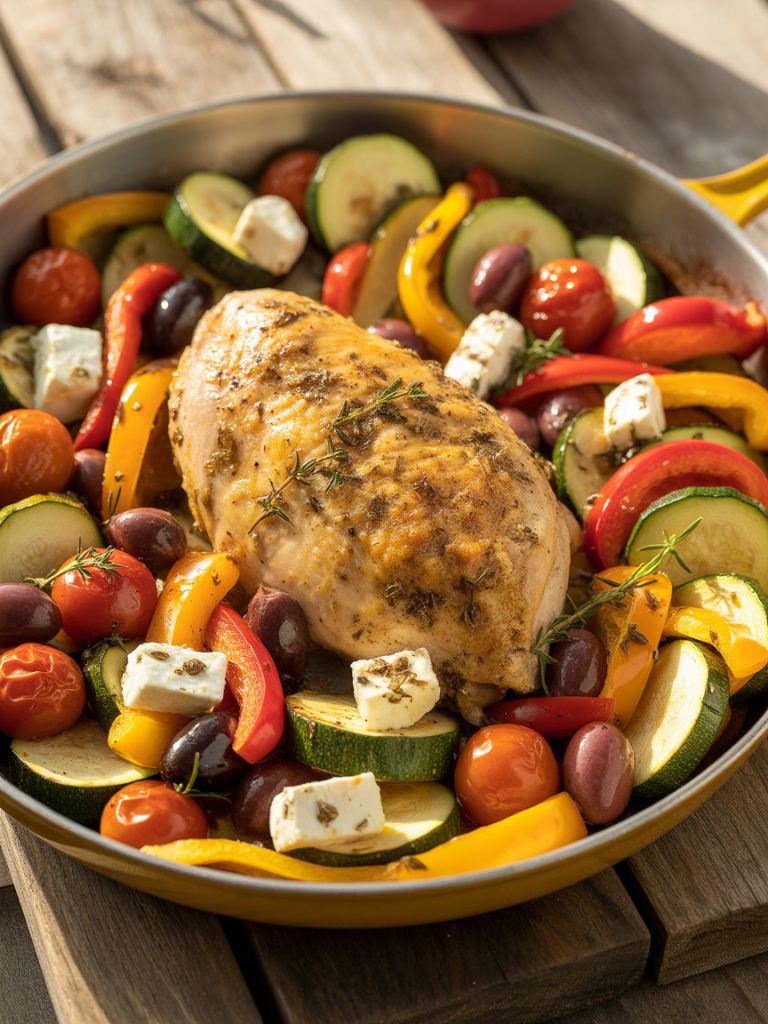 One pan Mediterranean chicken with roasted vegetables, cherry tomatoes, olives and feta cheese