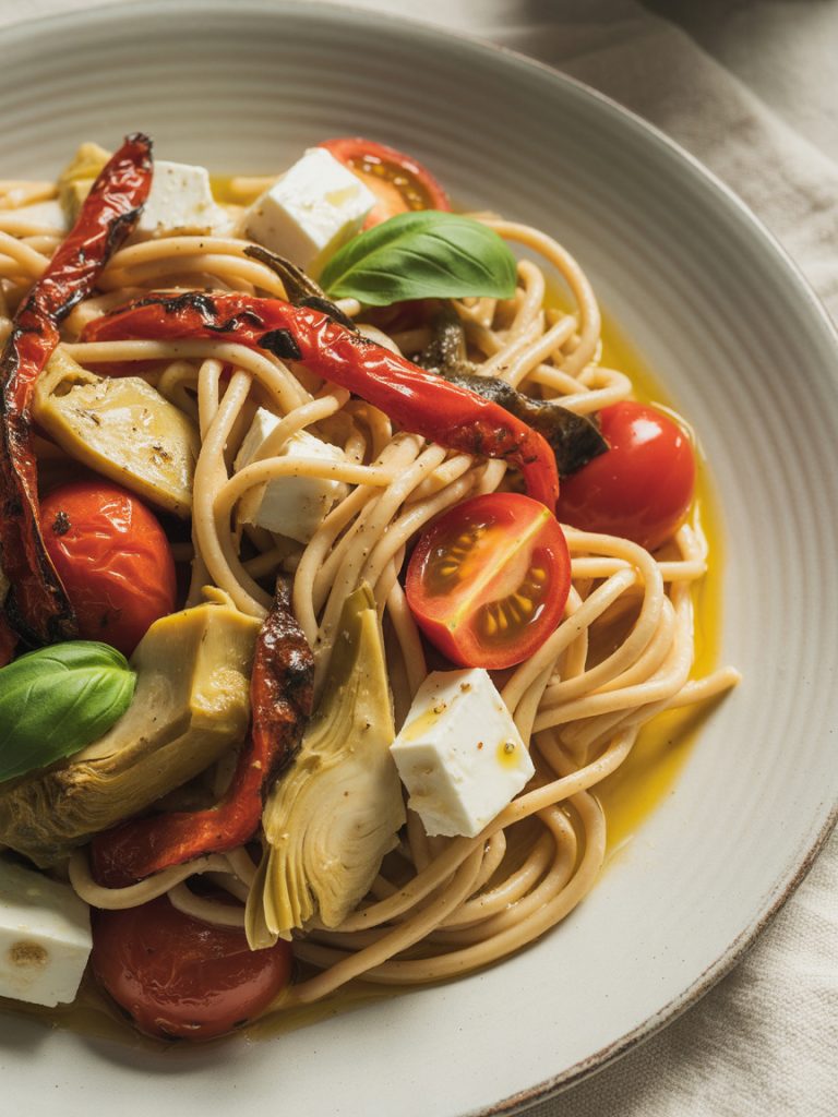 Whole wheat pasta with roasted red peppers, artichokes, cherry tomatoes, and crumbled feta cheese