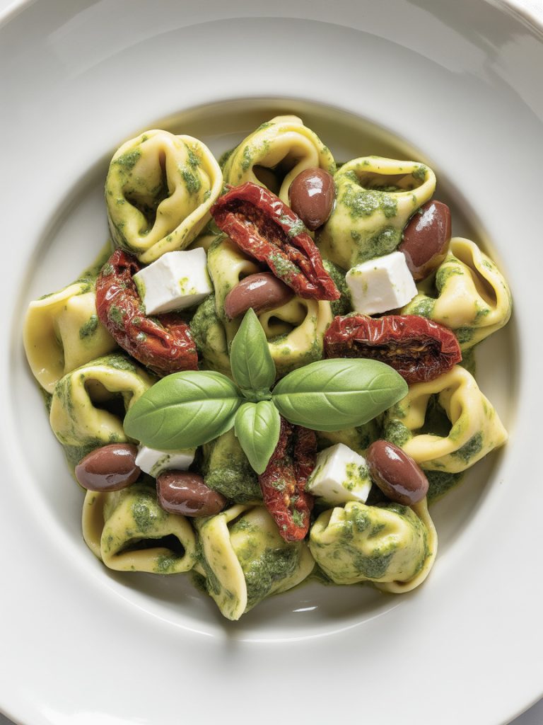 Pesto tortellini with sun-dried tomatoes, kalamata olives and feta in green sauce in white bowl