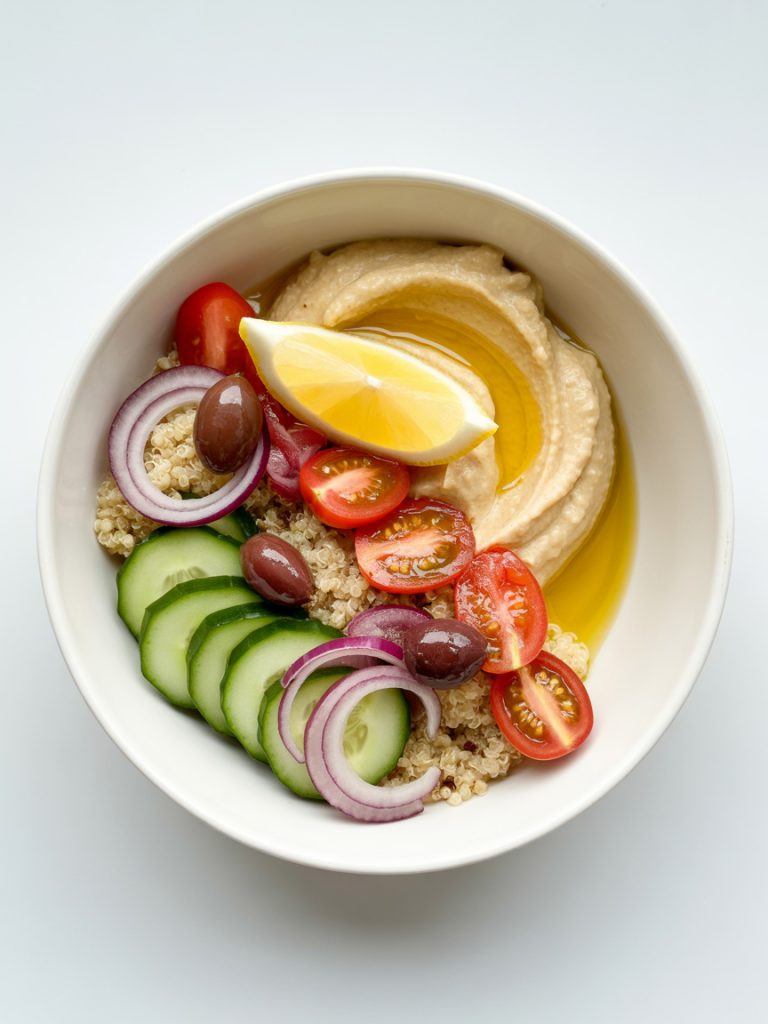 Fresh vegan Mediterranean quinoa bowl with vegetables, olives, and hummus