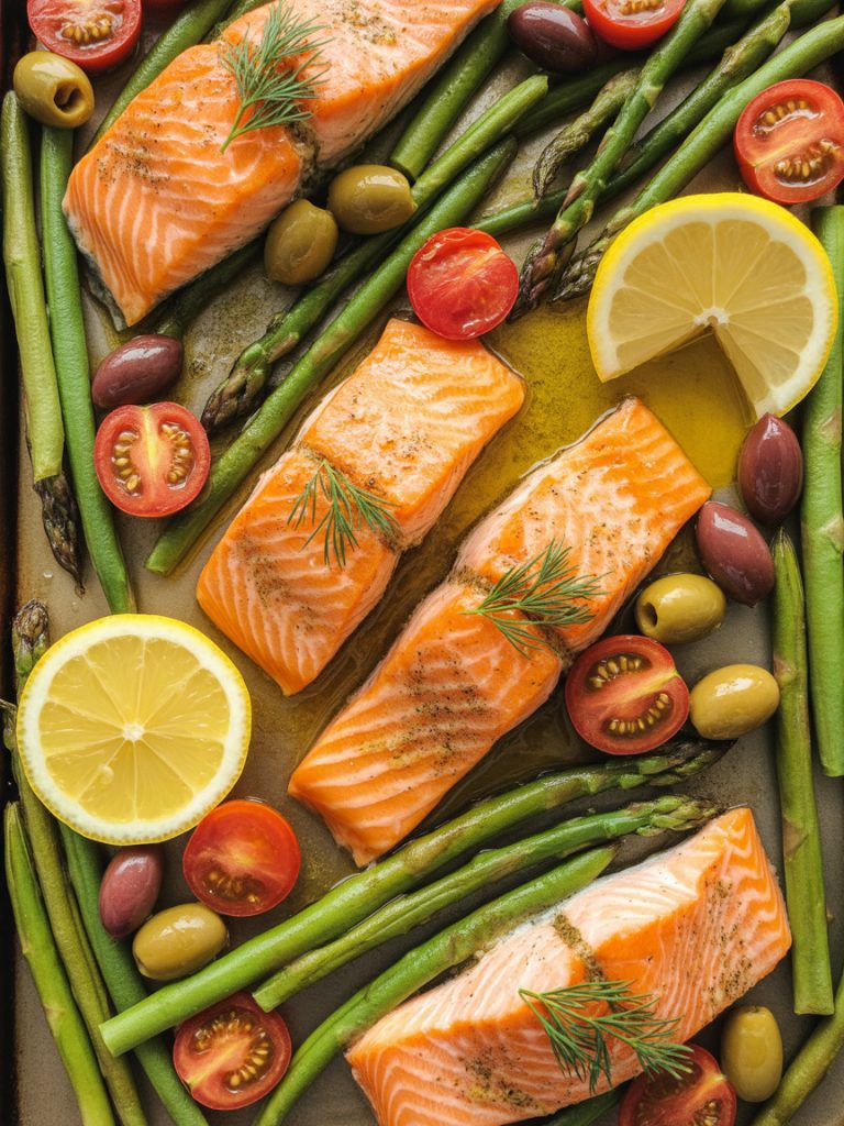 Baked salmon fillet with cherry tomatoes, asparagus, and olives on a sheet pan