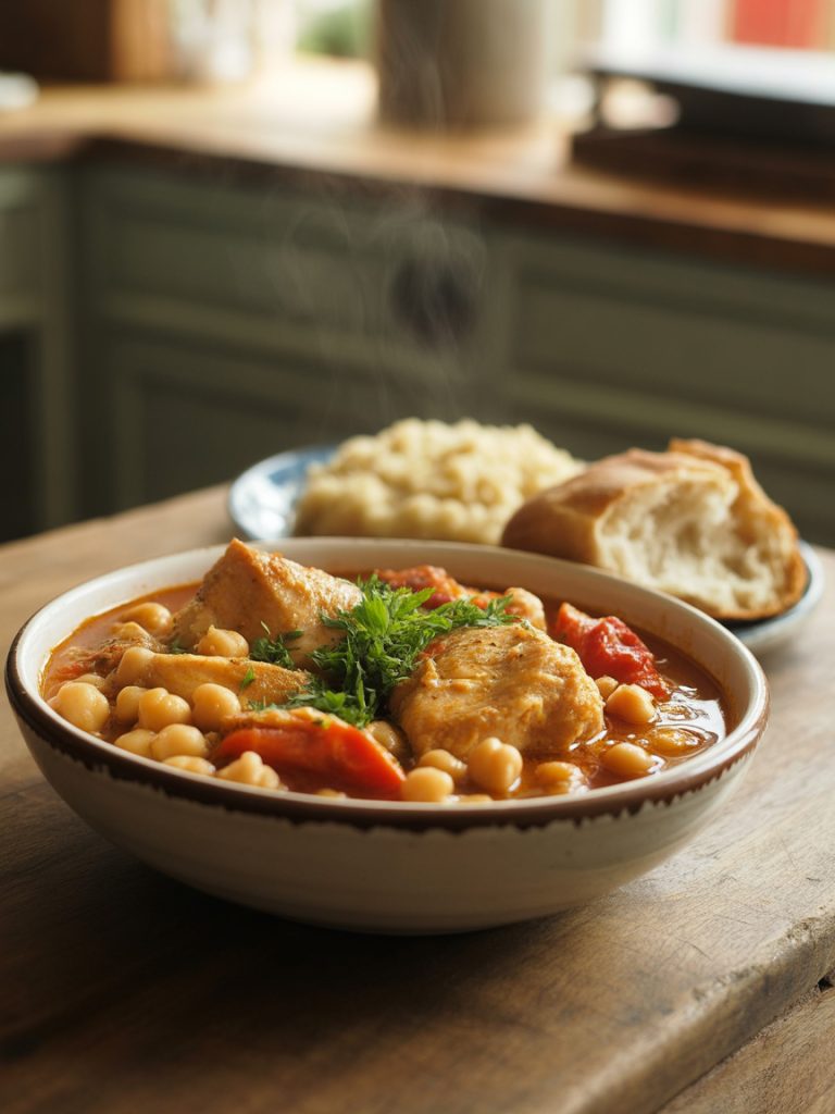 Hearty crockpot Greek chicken stew with chickpeas, tomatoes, and herbs served in a rustic bowl