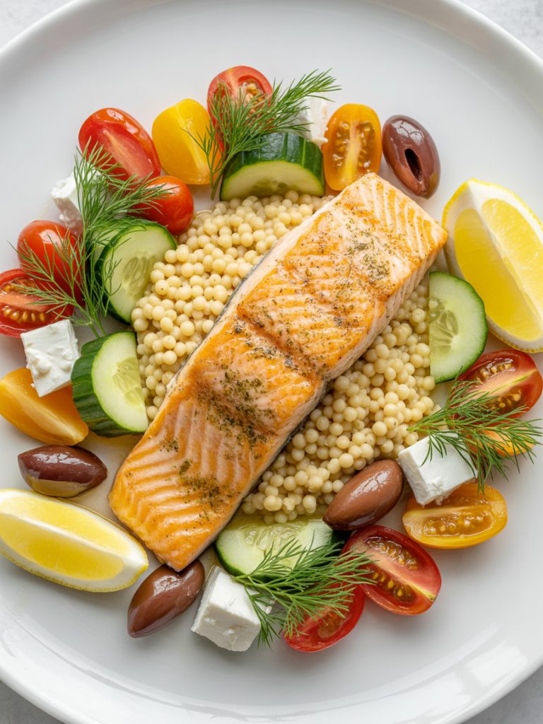 Lemon garlic salmon on couscous with cherry tomatoes, olives, cucumber and feta cheese