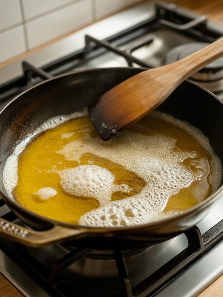 Golden melted butter in hot skillet ready for cooking BBQ chicken quesadillas