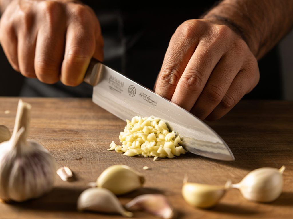 Hands mincing fresh garlic cloves on wooden cutting board with chef's knife